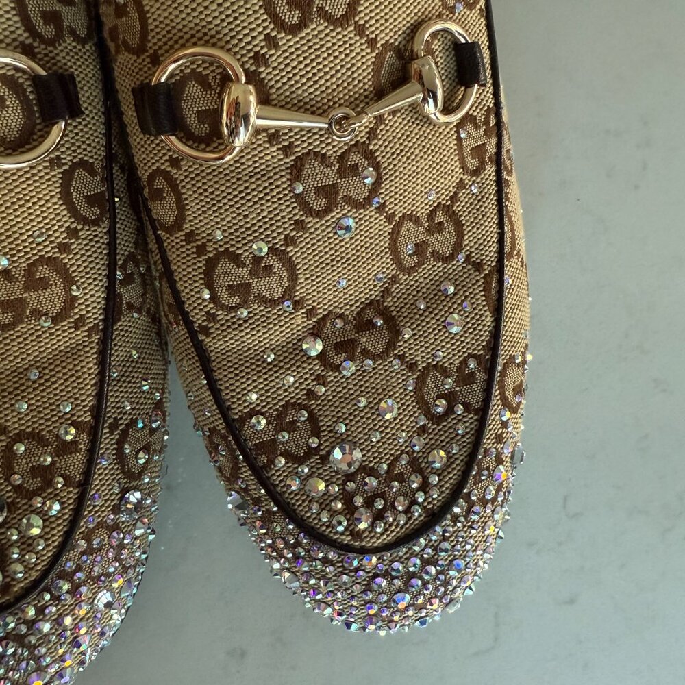 Gucci Beige GG Canvas Crystal-Embellished Horsebit Loafers - Picture 7 of 7